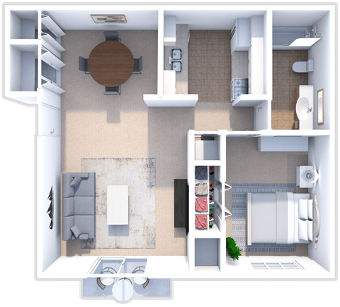 Floor plan for 1 bed, 1 bath, 750 sqft